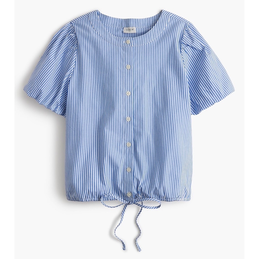J.Crew Size Medium Striped puff-sleeve tie-waist top Banker Blue Preppy
